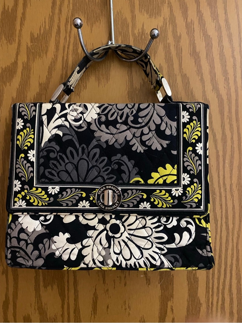 Vera Bradley Black Floral Quilted Top-Handle Satchel with Yellow Accents